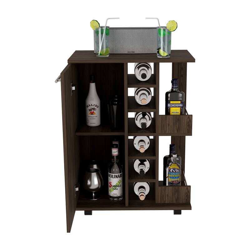 Bar Cart, Four Casters, Six Wine Cubbies, Single Door Cabinet