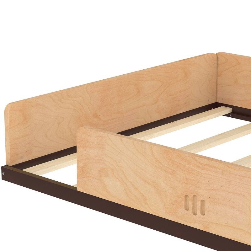 Childlike Wooden Platform Bed Interesting Car-shaped Floor Bed Frame with Storage Drawers, Desk, Open Top Shelf and Headboard