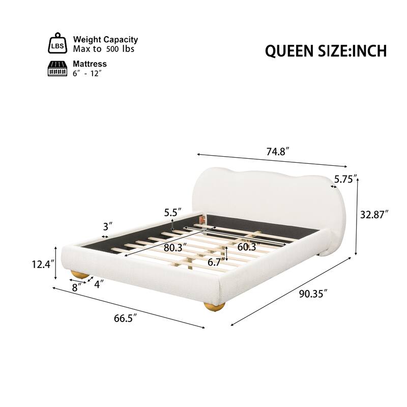 Christopher Knight Home - Modern Boucle Upholstered Platform Bed with Thick Curved Headboard and Solid Wood Legs