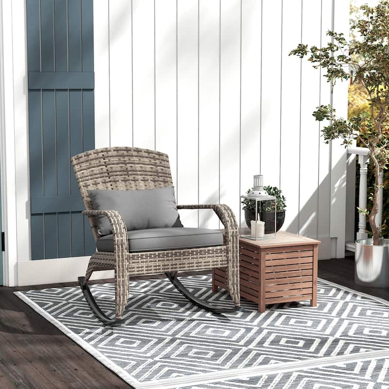 Outsunny Outdoor Wicker Adirondack Rocking Chair, Patio Rattan Rocker Chair with High Back, Seat Cushion, and Pillow for Garden - Grey