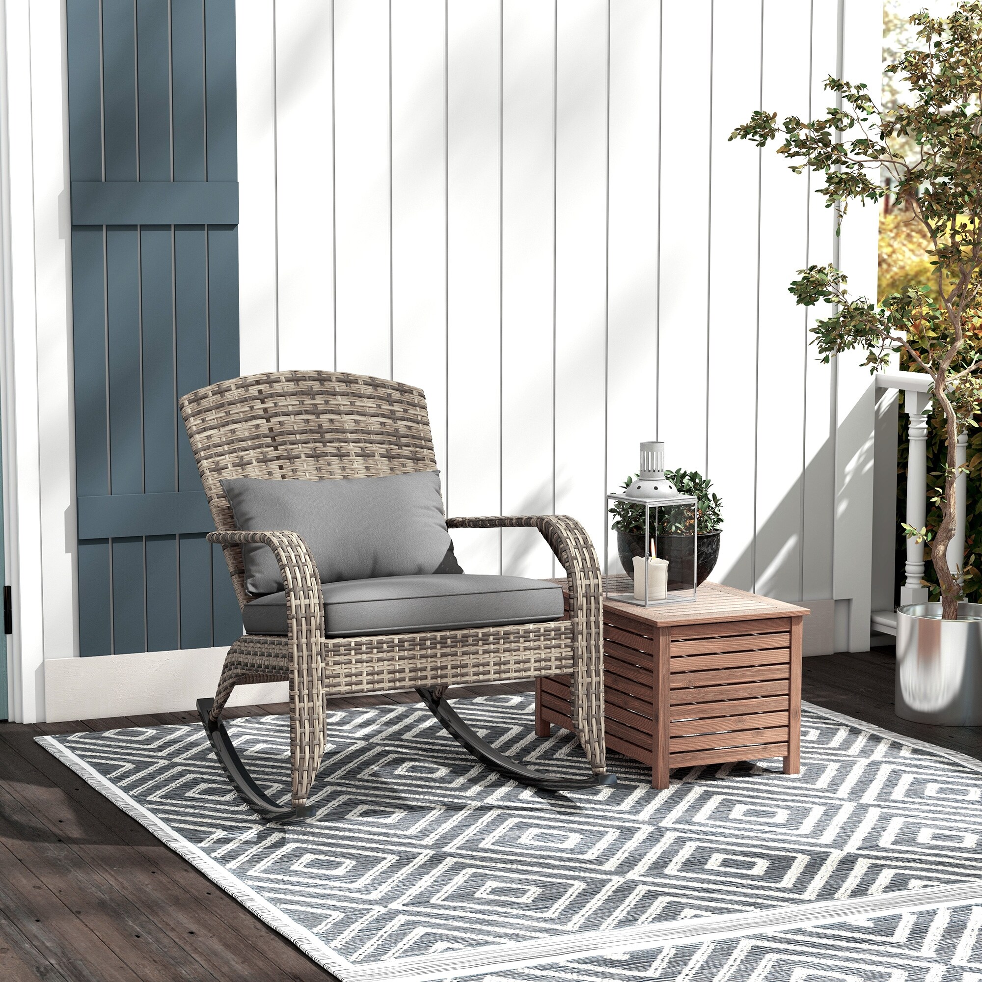 Outsunny Outdoor Wicker Adirondack Rocking Chair Patio Rattan Rocker Chair with High Back Seat Cushion and Pillow for Garden On Sale Bed Bath Beyond 39906628