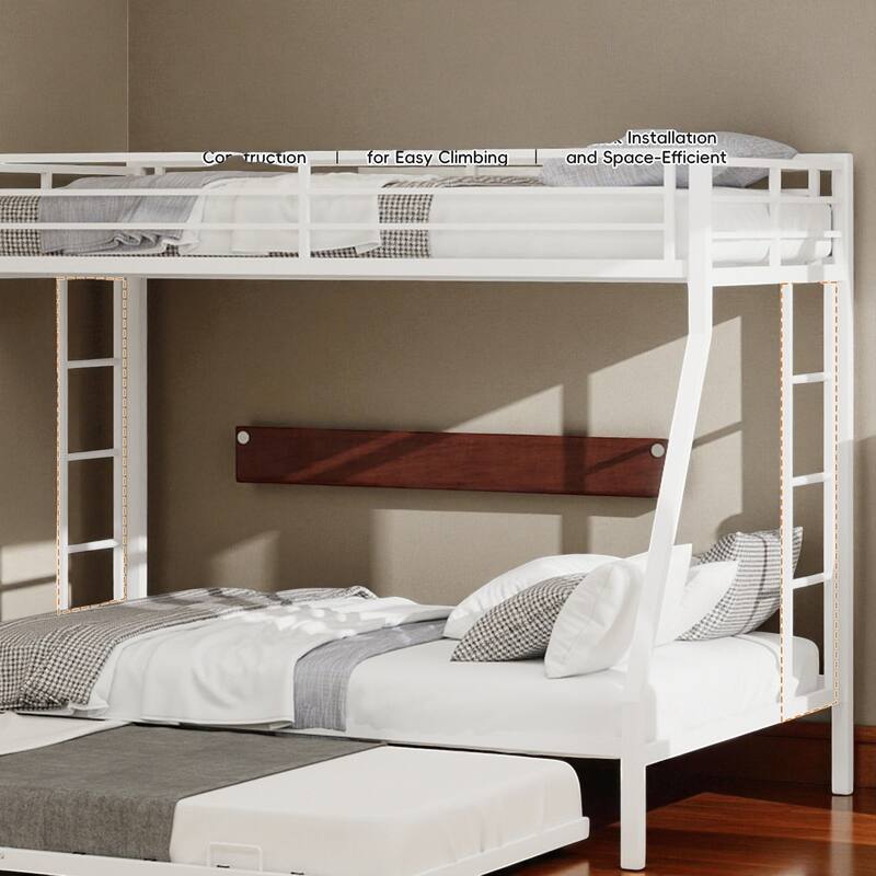 Full Size Metal Bunk Bed with Ladder and Rolling Trundle, Square Tube Frame, Heavy-Duty Triple-Sleeper for Home or Dorm