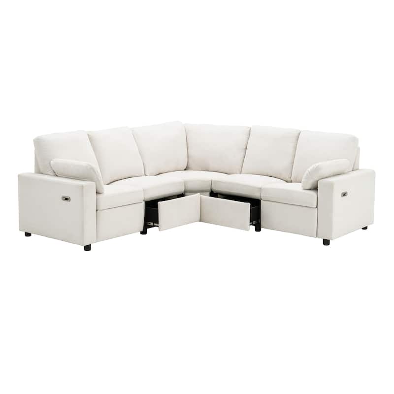 88.9" Linen Power Recliner Sectional 5-Seat Sofa with USB Ports and Storage Drawers