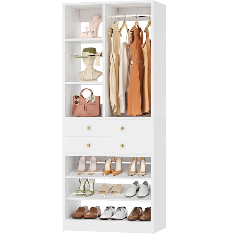 27.7'' Closet Organizer with Shoe Racks and Drawers, Closet System with Hanging Rod and Adjustable Shelves - White - 1pc