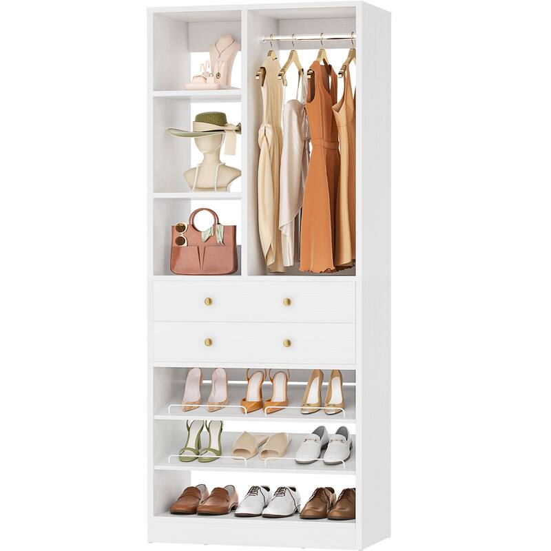 Grimm 28'' Closet Organizer with Shoe Racks and Drawers, Closet System with Hanging Rod and Adjustable Shelves