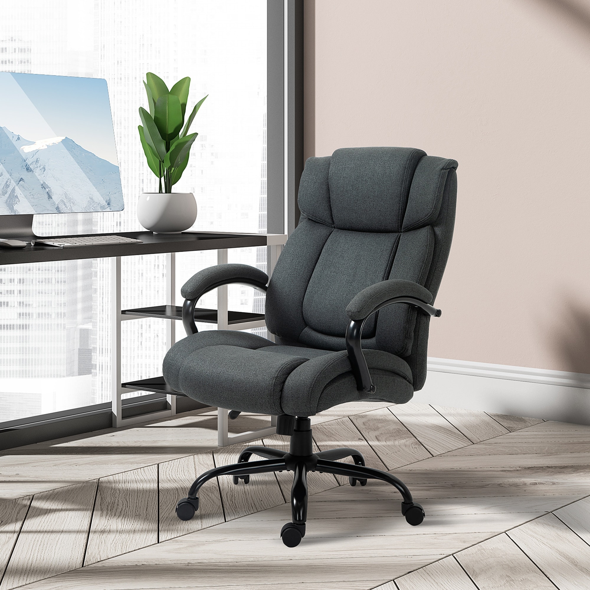 Linen Upholstered Office Chair Computer Chair with Wheels, Home Desk Chair Armchair with Adjustable Height