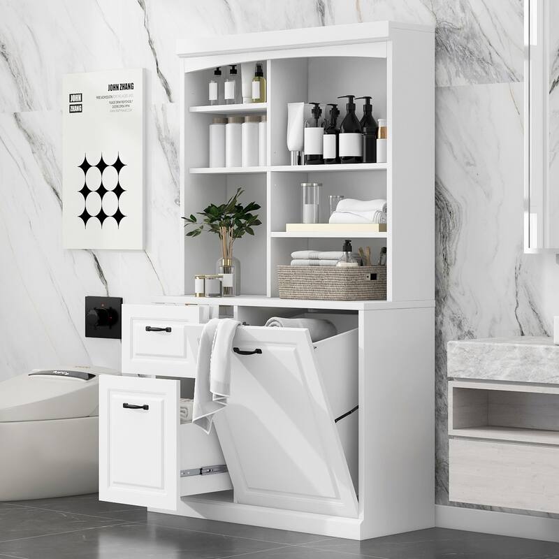 Multi-Functional Bathroom Storage Cabinet with Tilt-Out Hamper,with Drawers & Adjustable Shelves - White