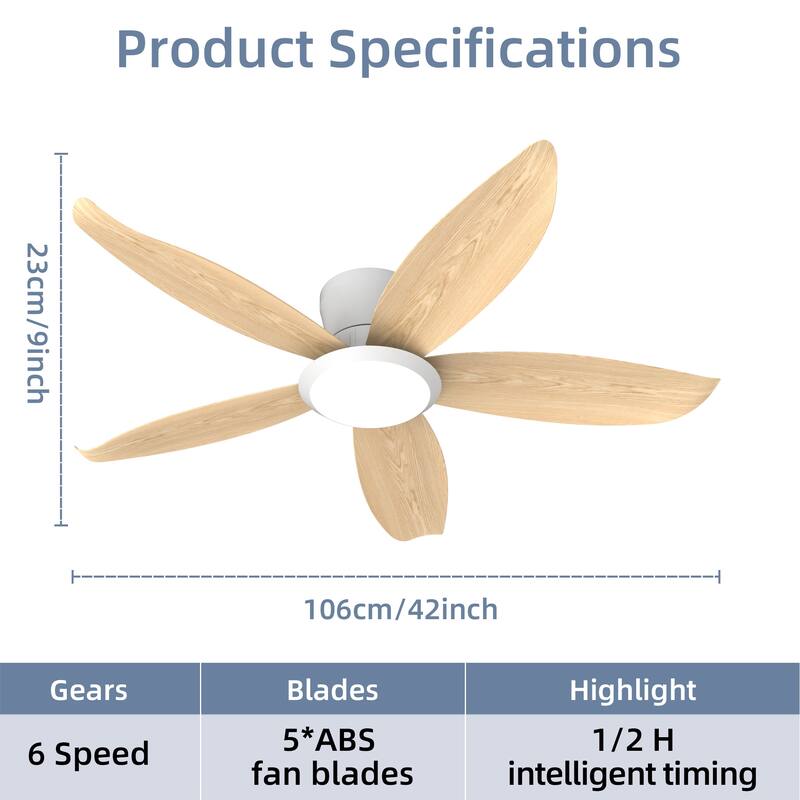 42-inch Wood Grain Finish Blades High Airflow Easy-Install Plug-in ABS Blade Ceiling Fan Light
