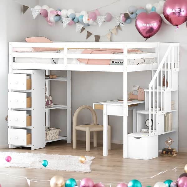 slide 2 of 9, Twin Size Wooden Loft Bed With 4 Storage Drawers,Desk,Shelves and Stairs White