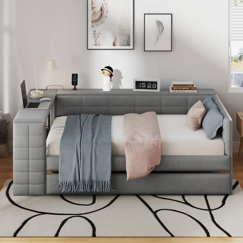 Full Size Upholstered Platform Sofa Bed with Trundle, Modern Velvet Daybed with Storage Shelves, Desk and Charging Station - Gray - Full