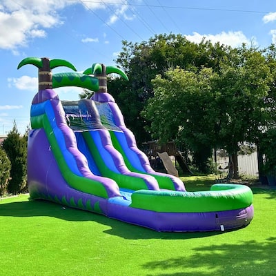 HeroKiddo 16' Purple Tropical Commercial Grade Inflatable Water Slide with Attached Pool & Air Blower Included, Kids Outdoor Fun