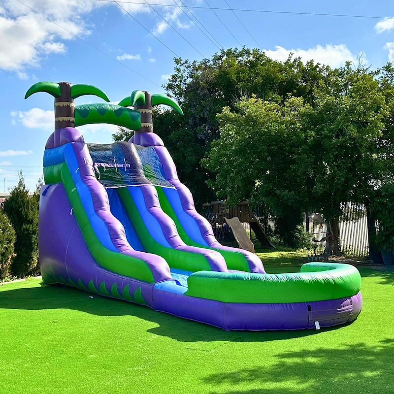 HeroKiddo 16' Purple Tropical Inflatable Kids Water Slide with Attached Pool (No Blower Included), Commercial Grade, Wet Dry Use - Kids - No Blower Included