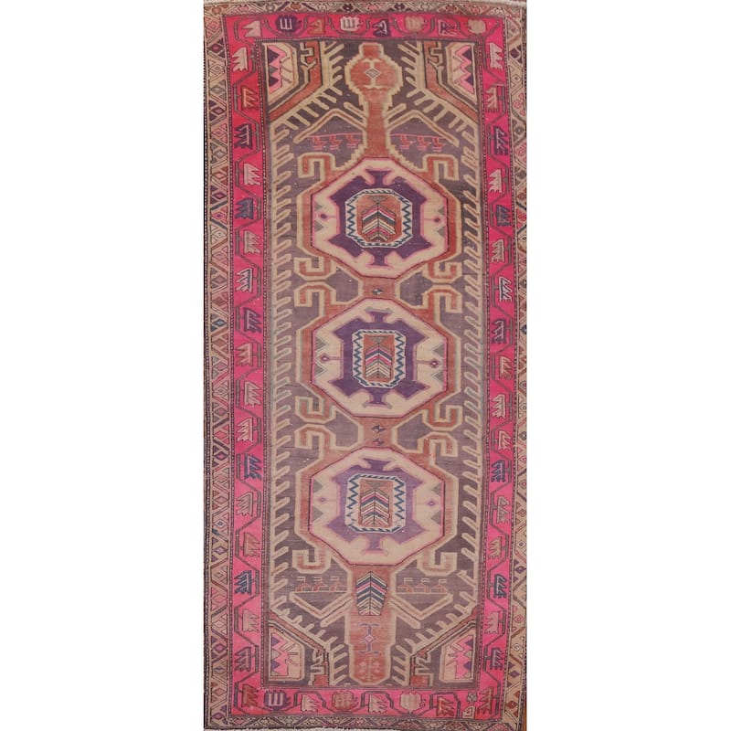 Hand Knotted Oriental 100% Wool Carpet Traditional Geometric Purples Meshkin Runner Rug - 10' 4'' X 4' 4''