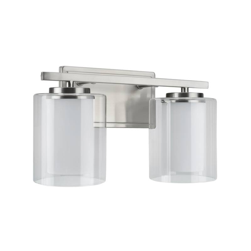 Aspen Creative Two-Light Metal Bathroom Vanity Wall Light Fixture, 13 1/2" Wide, Satin Nickel with Clear Glass Shade