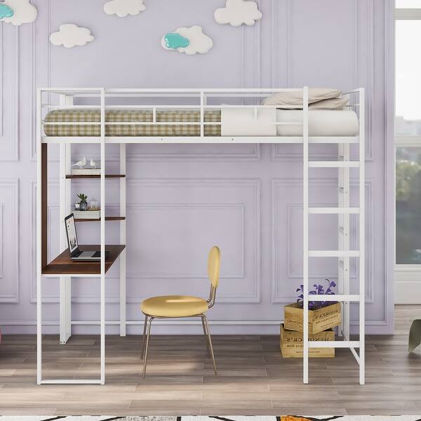 slide 2 of 20, Multifunctional Design Metal Loft Bed with Two-sided Ladder, Shelves and Desk, Twin Size, White