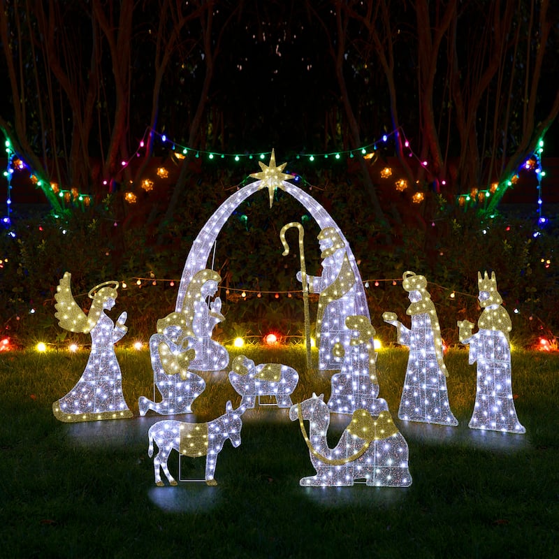 Glitzhome S/11 Christmas 2D Iridescent Fabric Nativity Lighting Decor