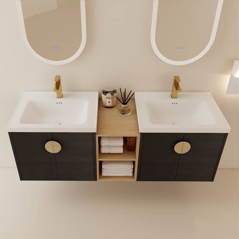 60 Inch Soft Close Doors Bathroom Vanity With Sink, and A Small Storage Shelves