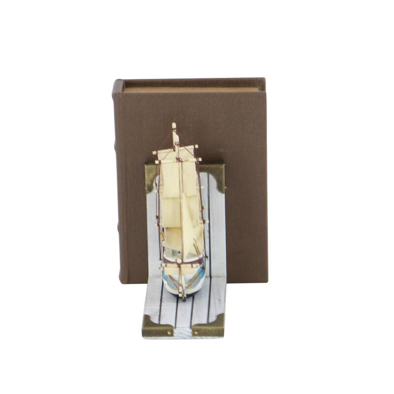 White Wood Sail Boat Decorative Bookends with Real Boat Rigging and Gold Corners (Set of 2)
