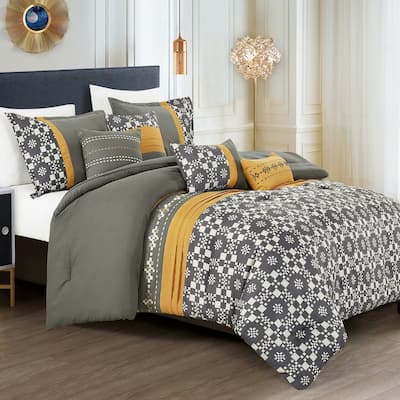 7 Piece Grey Gold Geometric Comforter Set Embroidery Soft Bedding