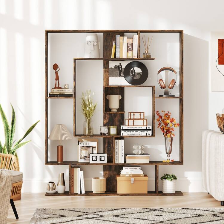 Rustic Brown 7-Tier Engineered Wood Bookshelf Modern Geometric Display Shelf with High Load Capacity - 49.5" x 8.5" x 59"