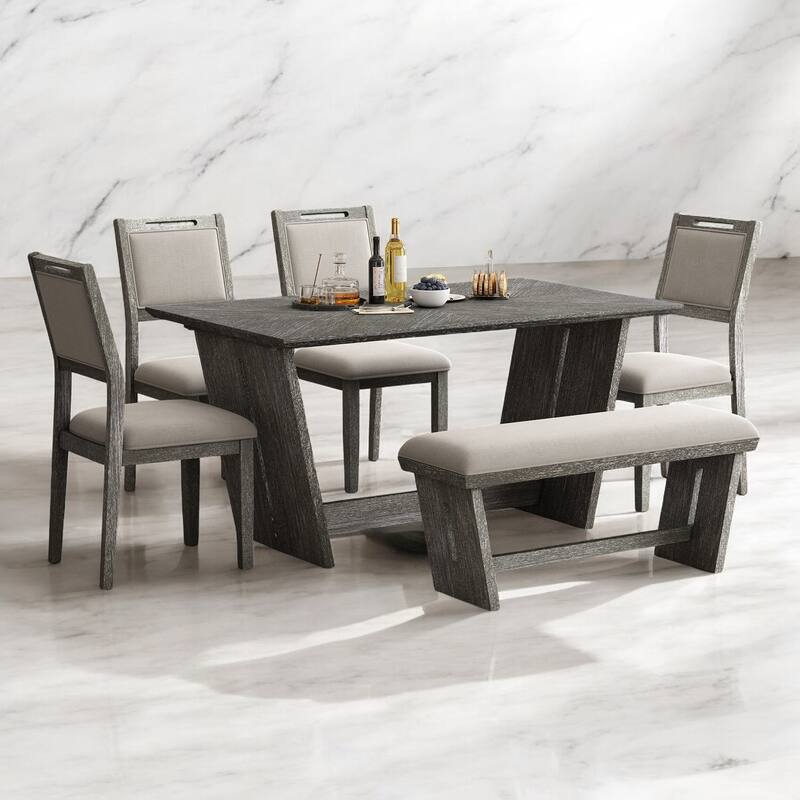 6-Piece Retro Dining Table Set for 6 with Chairs and Bench, Vintage Wood Kitchen Set for Dining Room, Trestle Base - Gray