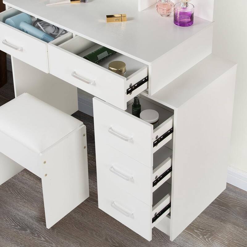 Vanity Desk with Mirror & Lights, Makeup Vanity Set with Power Outlet, 5 Drawers & 3 Open Shelves, 3 Lighting Color Adjustable