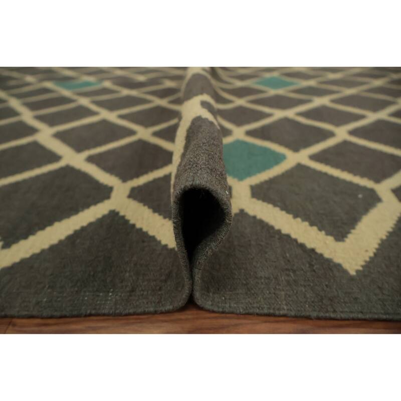 Hand Woven Oriental 100% Wool Carpet Southwestern Tribal Greys & Charcoal Kilim Area Rug - 12' 1'' X 8' 8''