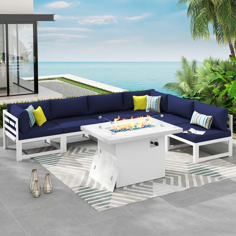 7 Piece Aluminum Patio Furniture Set with Fire Pit Propane/Natural Gas, 29 inch Deep Wide Seat Aluminum Outdoor Sectional