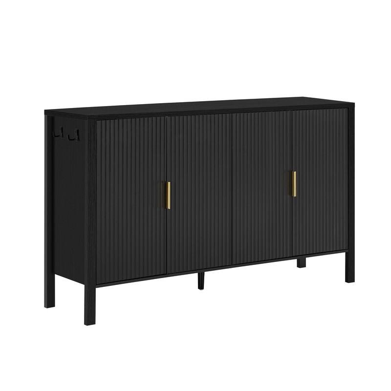 Modern 57.5" Fluted Door 4-Door Sideboard with Side Hooks and Adjustable Shelves