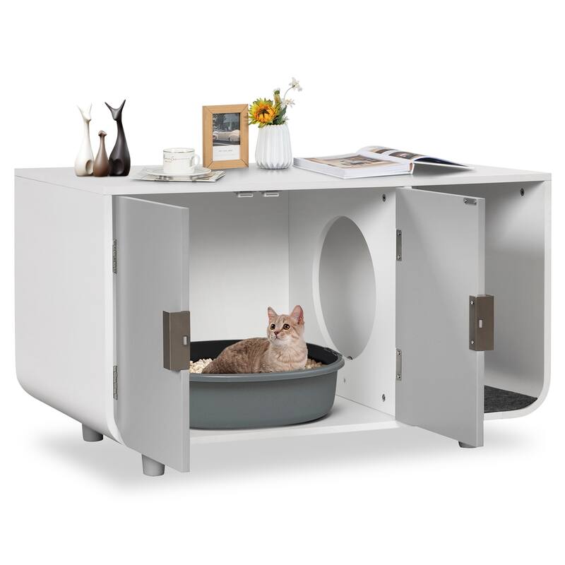 Costway Cat Litter Box Enclosure Furniture Hidden Cat Washroom with - See Details - White+Grey - See Details