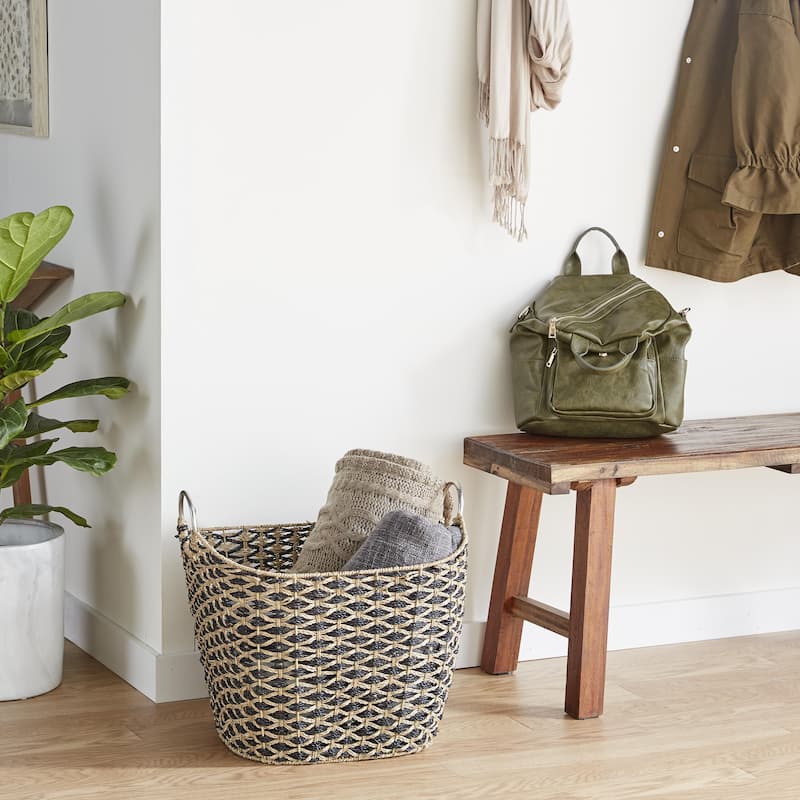 Seagrass Handmade Decorative and Functional Storage Basket with Metal Handles - Brown - Roche River Decor