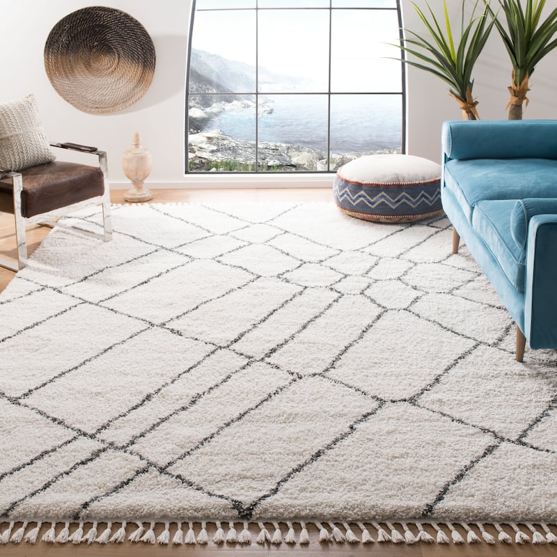 SAFAVIEH Moroccan Fringe Shag Ethyle 2-inch Thick Rug - 8' x 10' - Ivory/Grey