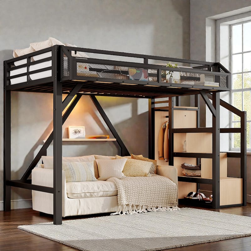 Metal Loft Bed with Storage Stairs, Built-in Wardrobe, Shelves, USB Ports, LED Lights & Noise-Reduced Frame - Black Natural - Twin XL