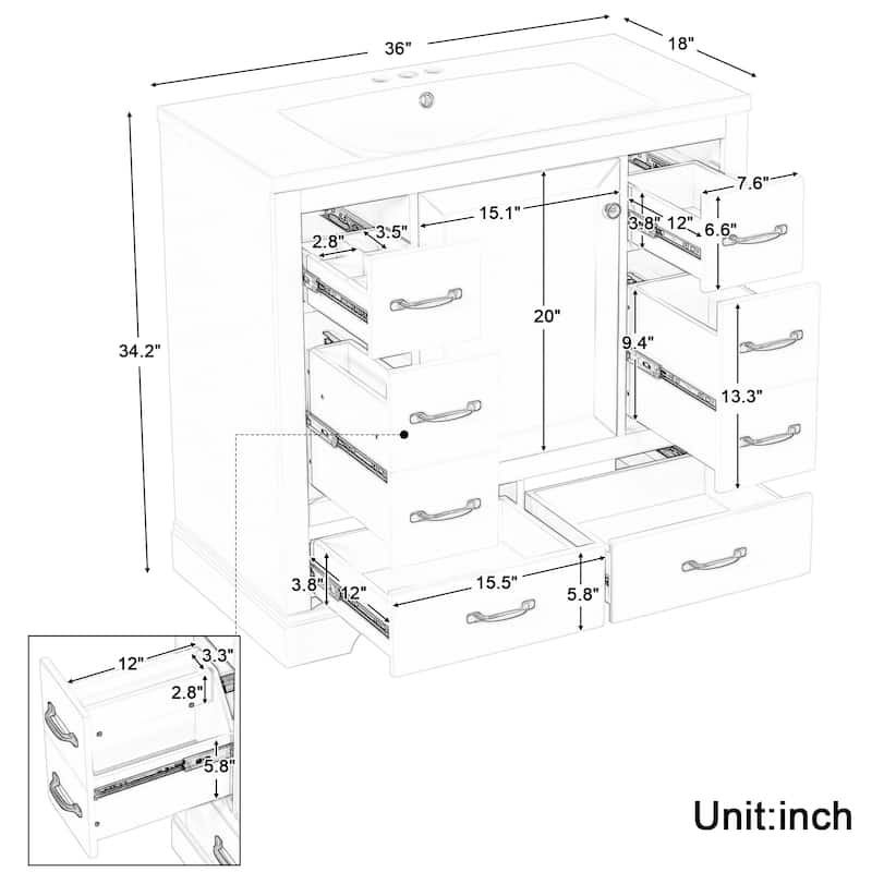 36" Bathroom Vanity with Sink Combo, 6 Drawers, Adjustable Shelf