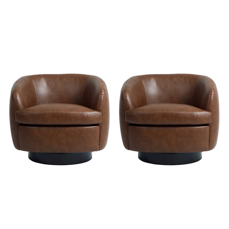 PU Upholstered Swivel Barrel Accent Chair With Wood Base (Set of 2)