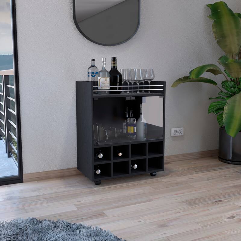 Bar Cart with Built-In 8-Bottle Rack,Double Glass Door Cabinet,and Aluminum-Edged Top Surface