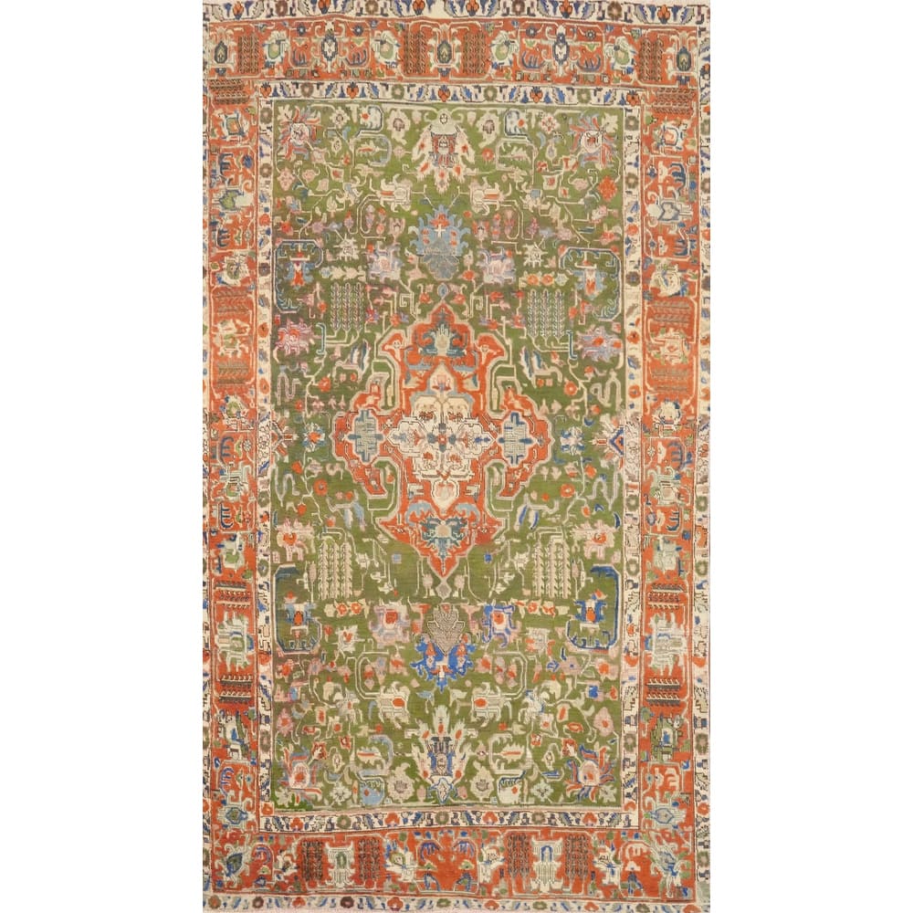 Hand Knotted Oriental 100% Wool Carpet Traditional Medallion Green Tabriz Area Rug - 8' 7'' X 4' 8''