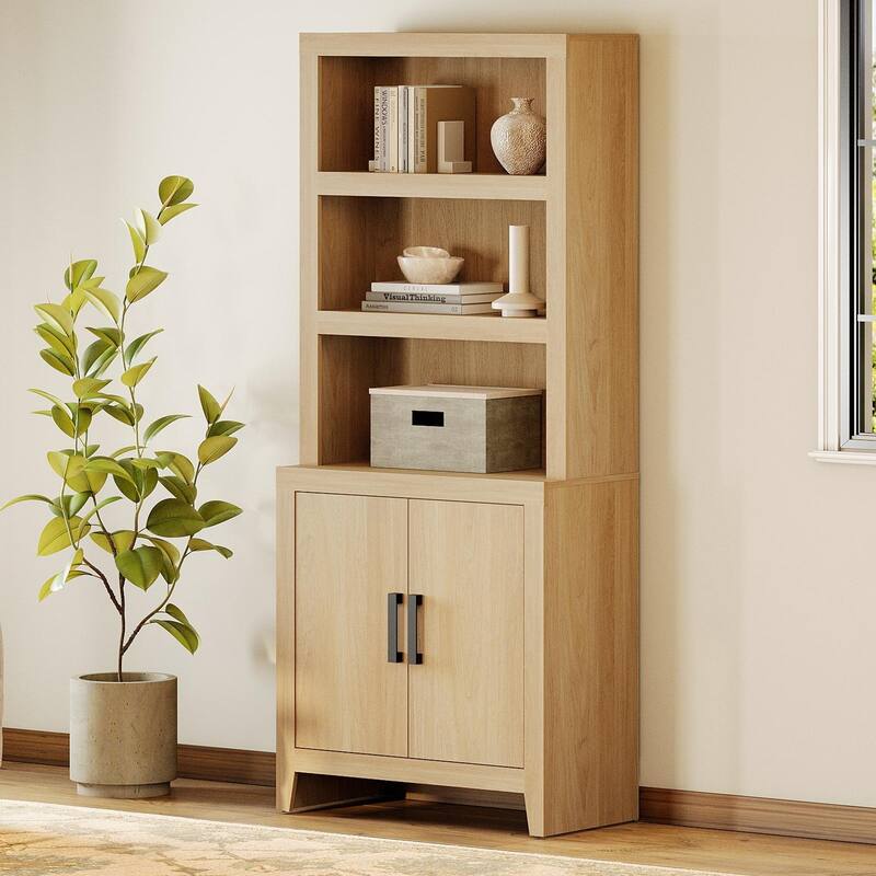 74" Tall Bookshelf with Door, Farmhouse Bookcase with Adjustable Shelf and Storage Cabinet for Living Room, Office - 31" Wide - Oak