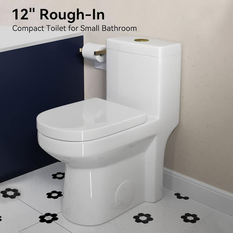 HOROW 1-Piece 0.8/1.28 GPF High Efficiency Dual Flush Toilet in White with Soft-Close Seat and Brushed Gold Push Button
