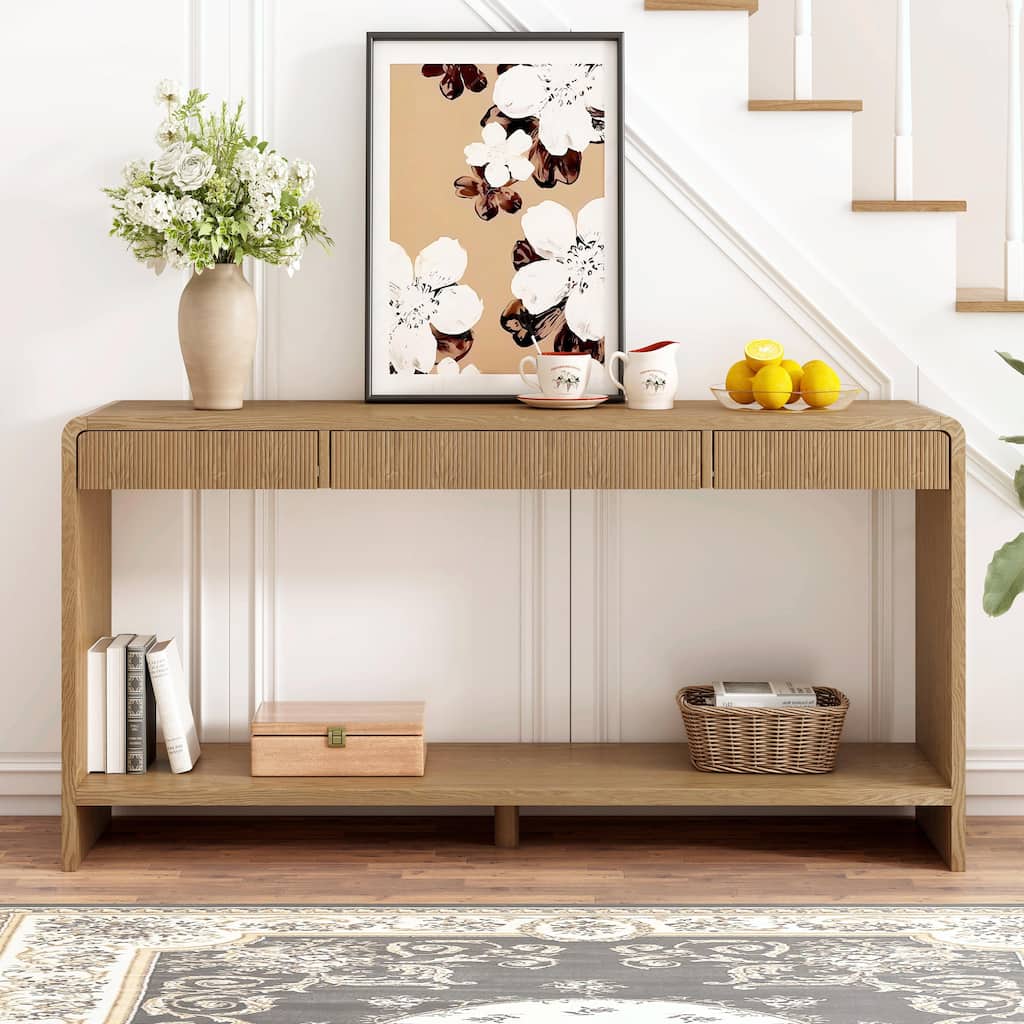Modern 3-Drawer Console Table with Vertical Slats and Rounded Edges