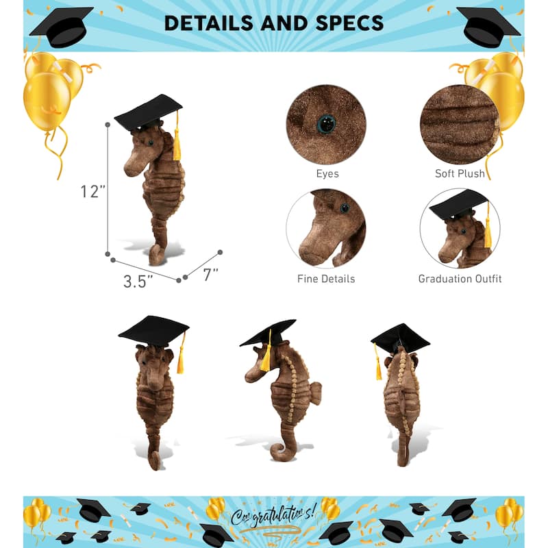 DolliBu Seahorse Graduation Plush Toy with Cap with Tassel Outfit - 12 inches