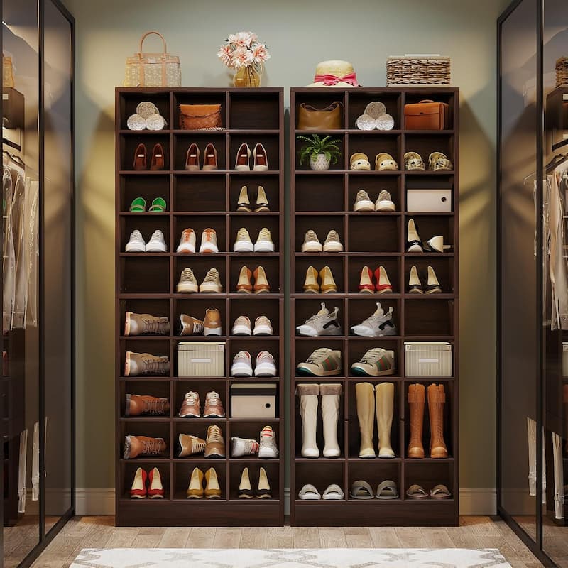 10-Tier Tall Shoe Storage Cabinet Wooden Shoe Rack with 30 Cubbies