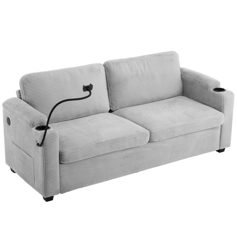 72.8" Corduroy Sleeper Sofa with Full Size Mattress and USB Ports, Loveseat Sofa with Cup Holders and Side Pockets