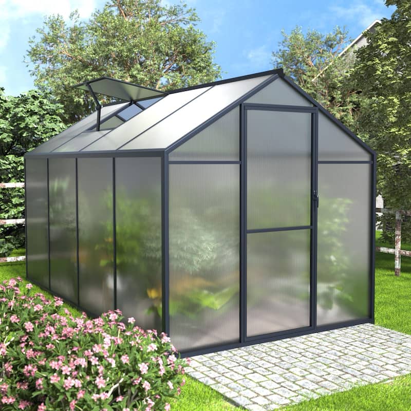 VEIKOUS Aluminum Walk-In Garden Greenhouse Kit with Adjustable Roof Vent and Lockable Door Grey - 6' x 8'