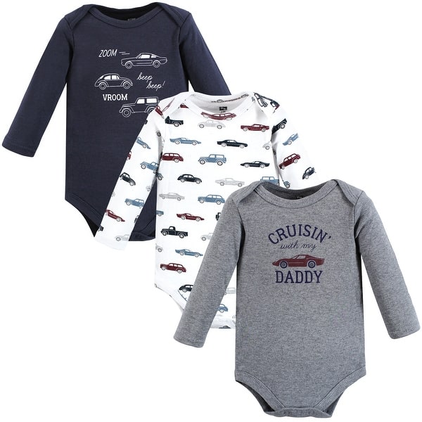 slide 1 of 1, Hudson Baby Infant Boy Cotton Long-Sleeve Bodysuits, Cars 3-Pack 9-12 Months - Cars 3-Pack