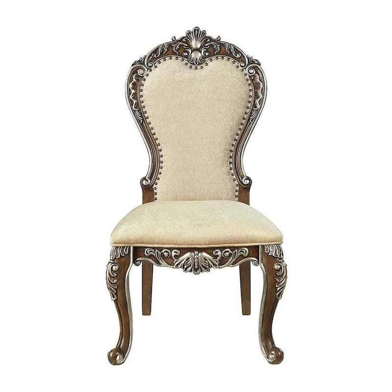 24 Inch Side Dining Chair, Set of 2, Vintage Oak Brown, Beige Chenille