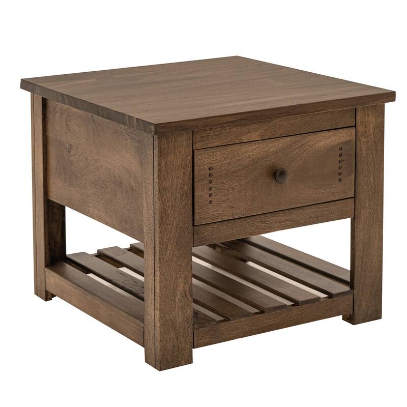 Linaa Side End Table, 1 Drawer, 1 Shelf, Barrel Brown Wood, 27 Inch
