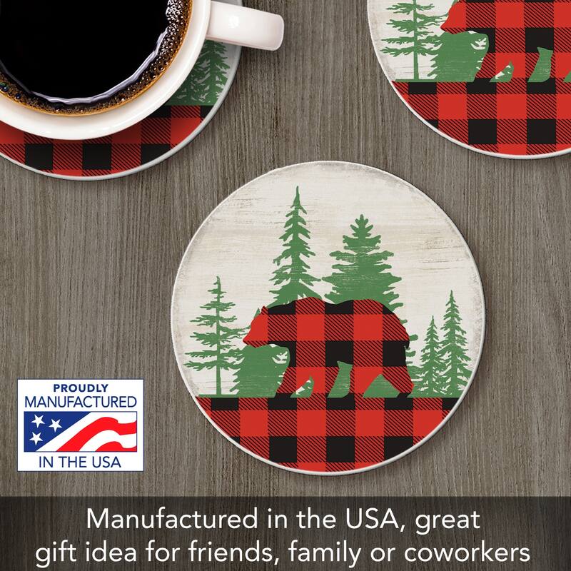 Bear Check 4 Pack Absorbent Stone Coaster with Protective Cork Backing Made in The USA 4" Round, Easily Wipes Clean - Multi