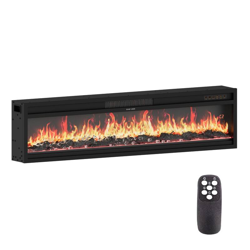Modern Black Fireplace TV Stand Combo,Remote Fireplace Heater,2 Drawers,Light Strip & USB