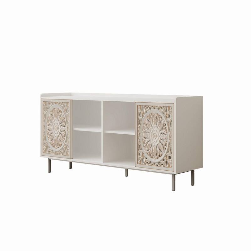 Mid Century Modern 58.6" White Curio Buffet Cabinet Media TV Stand for Stylish Living Room Storage